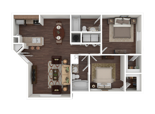 Floor plan for 2 beds, 2 baths, 945 sqft